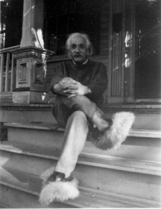 Einstein sitting on the front steps of his home in Princeton c. 1950